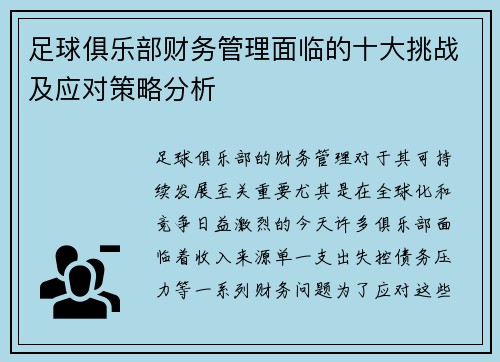 足球俱乐部财务管理面临的十大挑战及应对策略分析