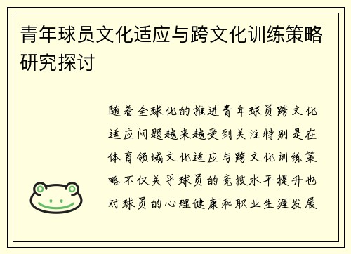 青年球员文化适应与跨文化训练策略研究探讨